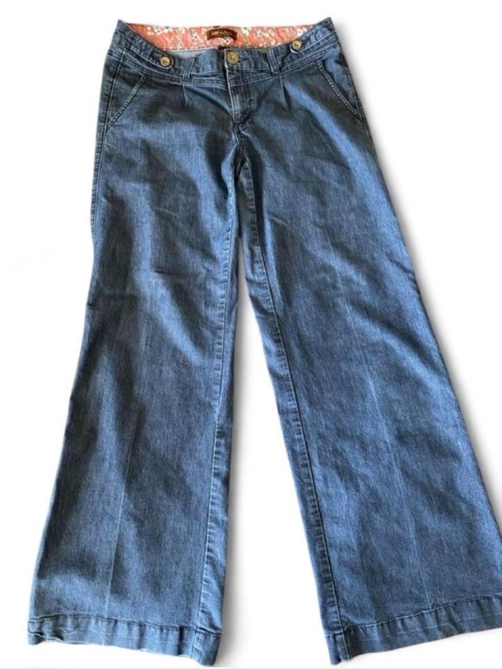 Lee One True Fit Wide Leg Jeans 12 Long Dark Wash Floral Waistband - Picture 2 of 9
